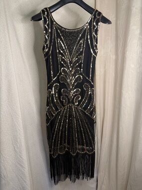 Black Beaded Fringe Midi Dress with Gold Embellishment